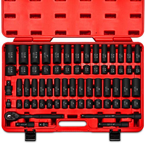 Neiko 02448A 1/2' Drive Master Impact Socket Set, 65Piece Deep & Shallow Socket Assortment | Standard SAE (3/8' To 1-1/4') & Metric (10-24 mm) Sizes | Includes Adapters & Ratchet Handle