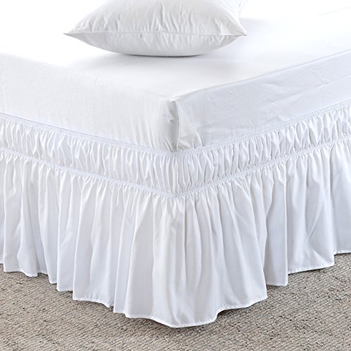 MEILA Bed Skirt Three Fabric Sides Elastic Wrap Around Dust Ruffled Solid Bed Skirts Easy On/Easy Off 16 Inch Tailored Drop, White, Queen/King