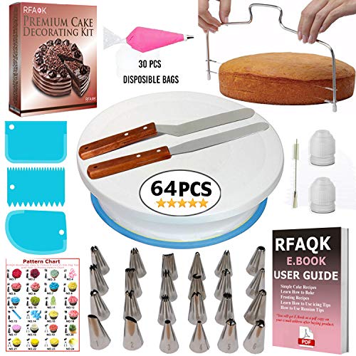 RFAQK 64 PCs Cake decorating supplies with Cake Turntable-Cake leveler- 24 Numbered Icing Piping Tips with Pattern Chart and EBook- Straight & Angled Spatula-30 Icings Bags- 3 Icing Comb Scraper set