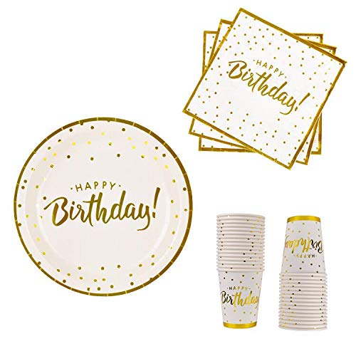 Birthday Party Supplies Plates SERVE 24 Disposable Paper Plates 9' Napkin Cups 9oz Gold for Adults and Kis Birthday