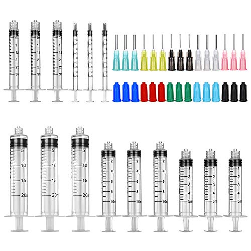 15 Pack-Syringe Blunt Tip Needle and Cap Set, 20, 10, 5, 3, 1ml/cc Syringes, 14, 16, 18, 20, 22ga Blunt Needles, Luer Lock Plastic Glue Applicator, Great for Refilling and Measuring Oil Dispensing