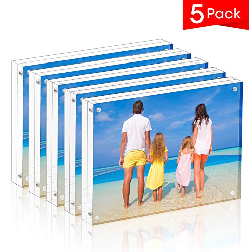 Meetu Acrylic Picture Frame 5x7,Clear Freestanding Double Sided 20mm Thickness Frameless Magnetic Photo Frames Desktop Display with Gift Box Package(5 Pack)