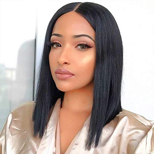 12” Straight Lace Front Wigs Middle Part Short Bob Wigs For Women Brazilian Human Hair Wigs Natural Black Color (12')