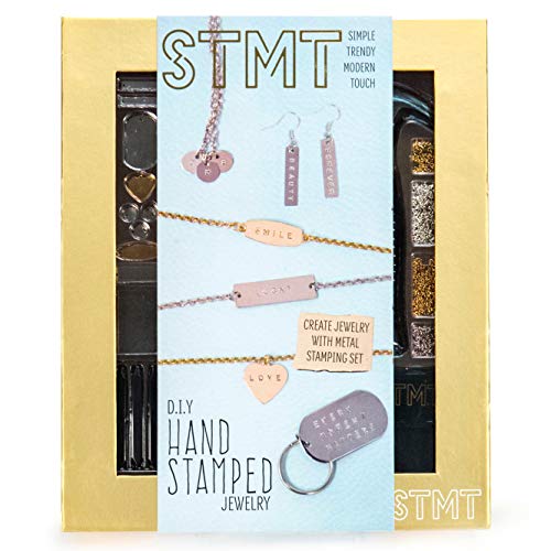 STMT DIY Hand Stamped Jewelry by Horizon Group Usa, Create Personalized Vsco Girl Earrings, Bracelets & Necklaces with A Metal Letter Stamp Set, Hammer, Stamping Block, Charms & Earrings Included