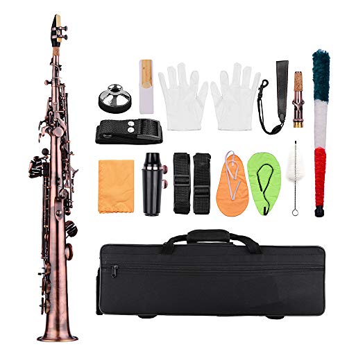 ammoon LADE Straight Bb Soprano Saxophone Sax Woodwind Instrument Abalone Shell Key Carve Pattern with Case Gloves Cleaning Cloth Straps Brush,Red Bronze,WSS-899