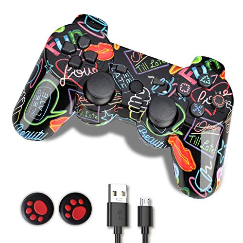 PS3 Controller, PS3 Controller Wireless,Playstation 3 Controller, Wireless PS3 Joystick Double Shock Gamepad Compatible for Playstation 3 with Charger and Thumb Grips