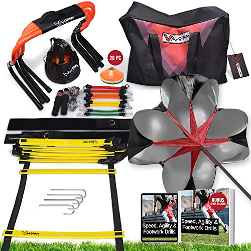 Speed & Agility Training Equipment Set - Includes 4 Agility Hurdles, 20 Disc Cones, Agility Ladder, Adjustable Leg Resistance Bands, Speed Parachute, Jumping Rope & Carry Bag - Designed For All Sports