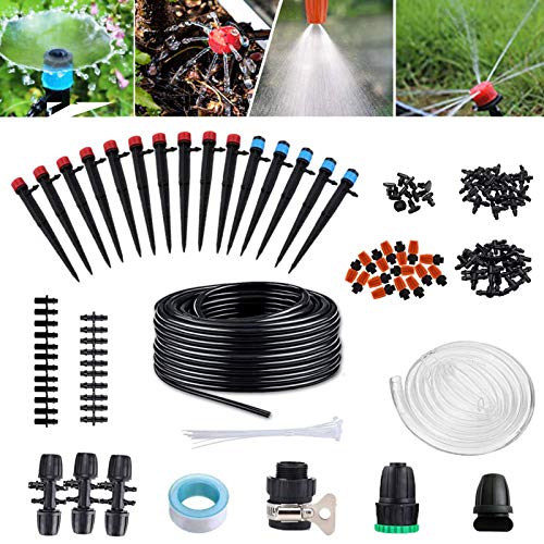Garden Irrigation System 138ft Micro Drip Irrigation Kit Automatic Watering Equipment Tubing Patio Plant Watering Kit Misting Cooling System Adjustable Sprayer&Dripper Garden Greenhouse,Patio,Lawn 42M