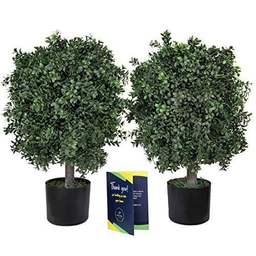 Tin Roof Designs 24' Tall Artificial Boxwood Topiary Pair, 2 Plants, Outdoor Ready, Natural Looking Fake Potted Shrubs (Dark Green, 24)