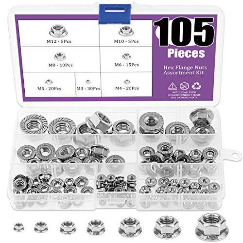 Swpeet 105Pcs 304 Stainless Steel Serrated Metric Flange Nuts Hex Lock Nuts Assortment Kit-M3 M4 M5 M6 M8 M10 M12