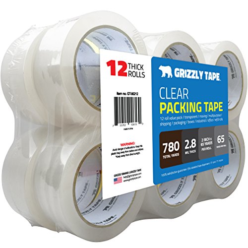 Grizzly Brand Clear Packing Tape Refill Rolls for Shipping, Moving, Packaging - True 2 inch x 65 Yards, 2.8mil Thick, 12 Rolls