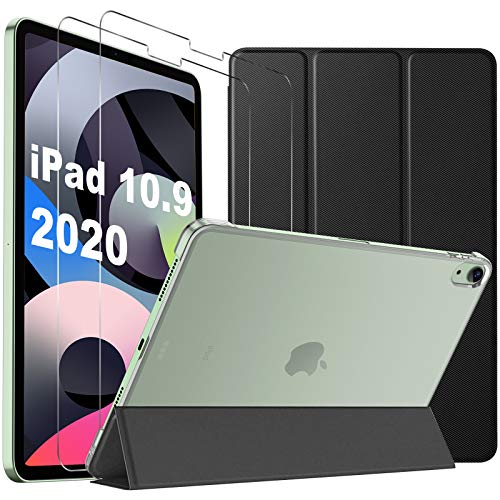 IVSO for New iPad Air 4th Generation 2020 Case + Screen Protector[2 Pack], for New iPad Air 4 10.9 Inch 2020 Case with Tempered Glass, Shockproof Protective Cover Shell with Pencil Holder - Black