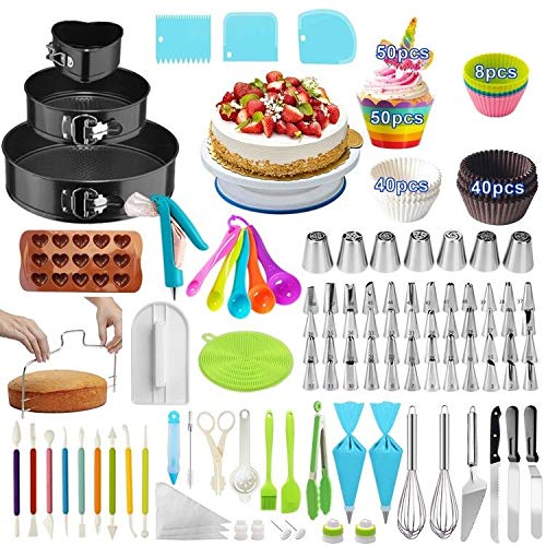 Cake Decorating Supplies,393 PCS Cake Decorating Kit 3 Packs Springform Cake Pans, Cake Rotating Turntable,48 Piping Icing Tips,7 Russian Nozzles, Baking Supplies,Cupcake Decorating Kit
