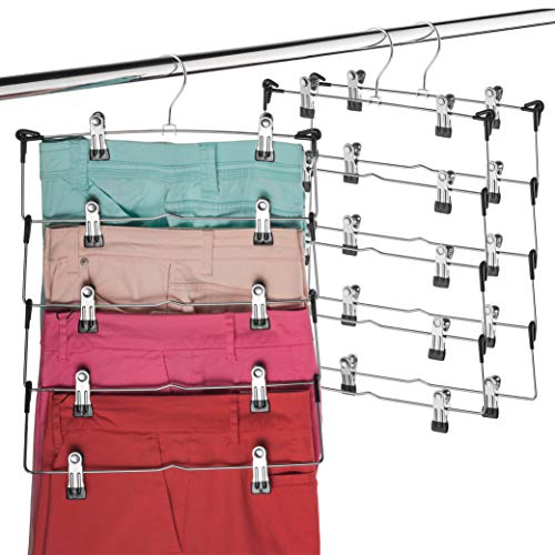 Space Saving 5 Tier Metal Skirt Hanger with Clips (3 Pack) Hang 5-on-1, Gain 70% More Space, Rubber Coated Hanger Clips, 360 Swivel Hook, Adjustable Clips Pants Hanger, Hang Slack,Trouser,Jeans,Towels
