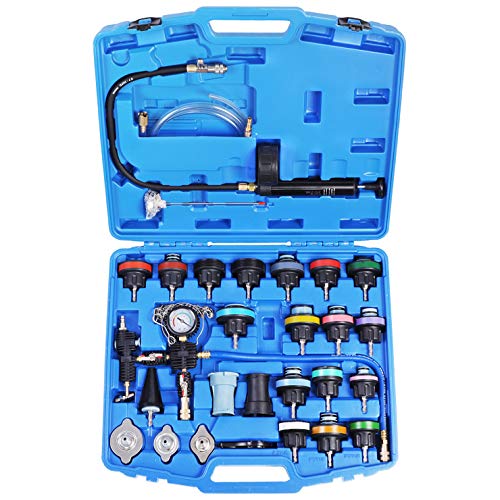YSTOOL Radiator Pressure Tester Pneumatic Vacuum Cooling System Purge Refill Kit 28PCS Universal Automotive Water Tank Leak Test and Coolant Fill Tool Set with Adapters Gauge Case