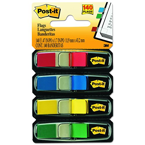 Post-it Flags, Assorted Primary Colors, Sticks Securely, Removes Cleanly.47 in. Wide, 35/Dispenser, 4 Dispensers/Pack, (683-4), 140 Flags