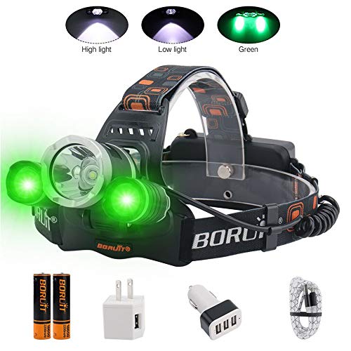 BORUIT LED Headlamp - Ultra Bright 5000 Lumens, 3 Lighting Modes,White & Green LEDs, IPX4 Water Resistant, USB Rechargeable Head Lamp Perfect for Running, Camping, Hiking & More (green)