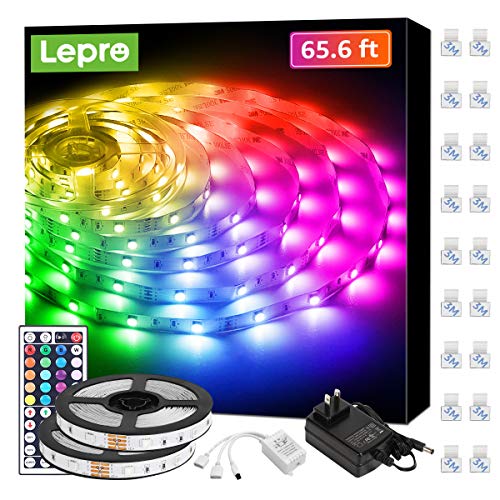 Lepro 65.6ft LED Strip Lights, Ultra-Long RGB 5050 LED Strips with Remote Controller and Fixing Clips, Color Changing Tape Light with 12V ETL Listed Adapter for Bedroom, Room, Kitchen, Bar