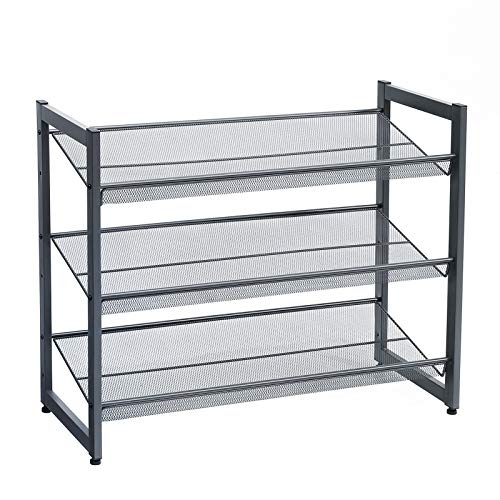 SONGMICS 3-Tier Shoe Rack Storage, Metal Mesh, Flat or Angled Stackable Shoe Shelf Stand for 9 to 12 Pairs of Shoes, Cool Gray ULMR03GB