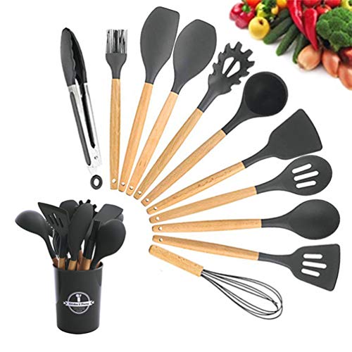 Silicone Kitchen Cooking Utensil Set with Holder,12 PCS Wooden Handles Cooking Tool BPA Free Non Toxic Turner Tongs Spatula Spoon Kitchen Gadgets Set for Nonstick Cookware (Dark Grey)