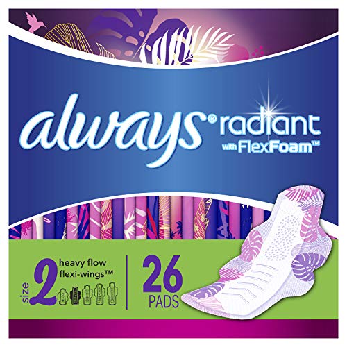 Always Radiant Feminine Pads for Women, Size 2, 78 Count, Heavy Flow Absorbency, with Flexfoam Wings, Light Clean Scent, 26 Count, Pack of 3 - 78 Count Total)