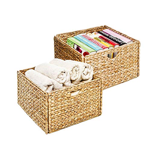 Seville Classics 2-Pack Foldable Handwoven Water Hyacinth Cube Storage Basket Bin, Rectangular