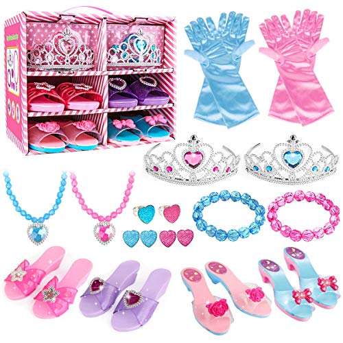 Meland Princess Dress Up Shoes and Jewelry Boutique - 4 Pairs of Play Shoes and Pretend Jewelry Toys Princess Accessories Play Gift Set for Toddlers Little Girls Aged 3,4,5,6 Years Old