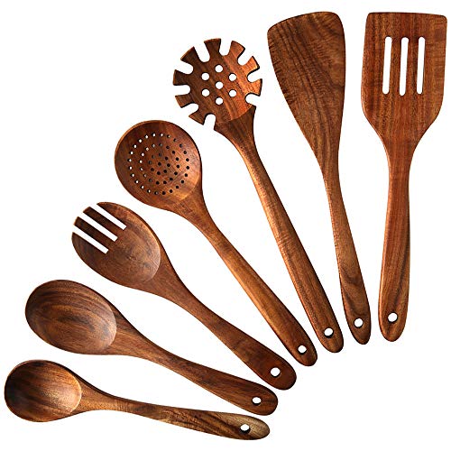 Wooden Kitchen Cooking Utensils,NAYAHOSE 7 PCS Teak Wooden Spoons and Spatula for Cooking, Sleek, Sold and Non-stick Cookware for Home Use and Kitchen Décor (7)