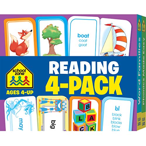 School Zone - Reading Flash Card 4-Pack - Ages 4 and Up, Short and Long Vowel Sounds, Combination Sounds, Rhyming, and More (Flash Card 4-pk)