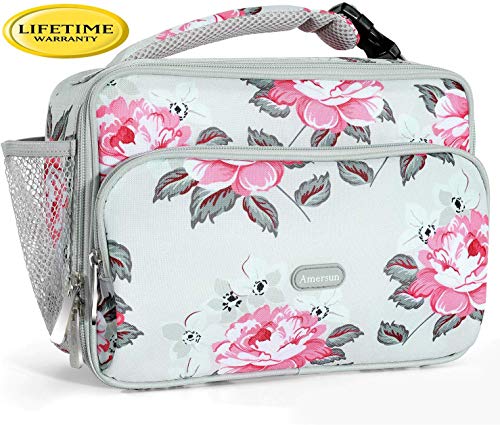 Amersun Women Lunch Box, Sturdy Insulated Lunch Bag with Padded Liner Keep Food Warm Cold for Long Time, Thermal Reusable Cooler Tote Bag for Girls Adults Work Travel Office Picnic, Peony Gray