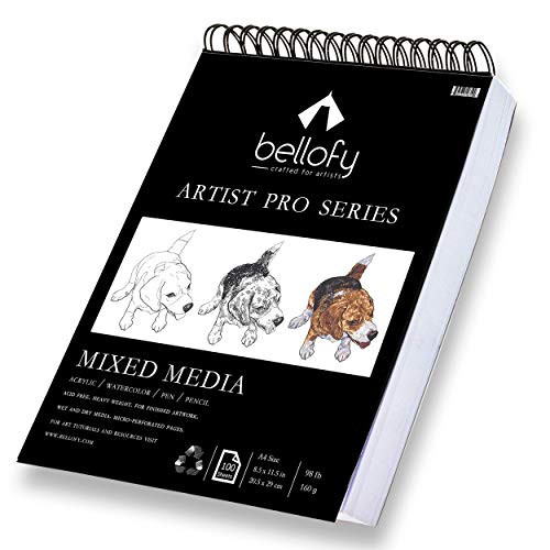 Bellofy 100-Sheet Sketchpad Artist Pro, Watercolor, Acrylic Art Pad for Sketching, Ink Sketch Book, Coloring Notebook - 98 Ib/160 g/m2-9 x 12 in Multi-Media Spiral Notebook, Drawing Paper, Drawing Pad