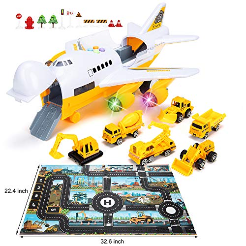 Car Toys Set with Transport Cargo Airplane and Large Play Mat, Educational Vehicle Construction Car Set for Kids Toddler Boys Child Gift for 3 4 5 6 Years Old, 6 Cars, Large Plane, 11 Road Signs