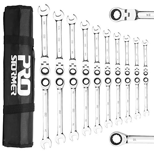 PROSTORMER 20-Piece SAE and Metric Ratcheting Wrench Set, Chrome Vanadium Steel Combination Ratchet Wrench Kit with Portable Roll-up Canvas Bag (10Pcs Flex-Head + 10Pcs Fixed Head)