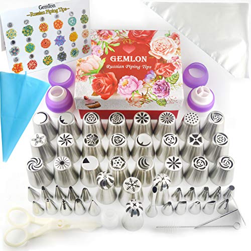 GEMLON Russian Piping Tips Cake Decorating Supplies - 88 Baking Supplies Set - 49 Icing Piping Tips - 3 Russian Ball Piping Tip, Flower Frosting Tips, Bakes Flower Nozzles-Large Cupcake Decorating Kit