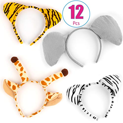 12 Plush Zoo Animal Ear Headbands - Giraffe, Zebra, Elephant and Tiger
