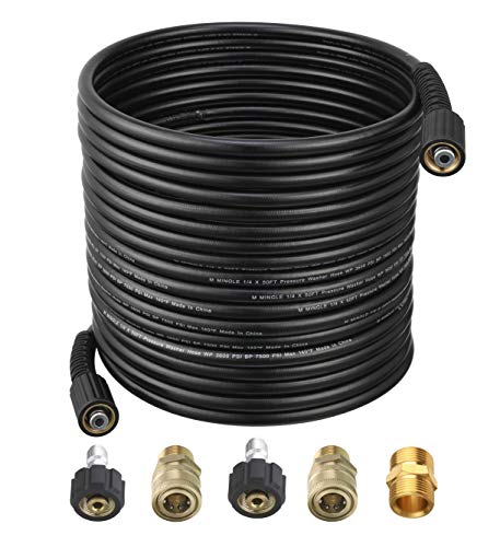 M MINGLE Pressure Washer Hose 50 Feet X 1/4 Inch for Most Brands, with 2 Quick Connect Kits, Compatible M22 14mm and M22 15mm, 3600 PSI