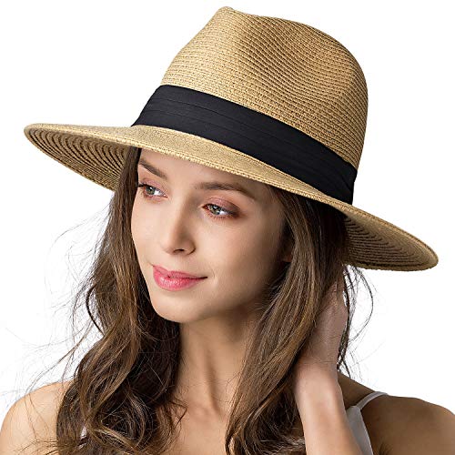 Womens Wide Brim Straw Panama Hat Fedora Summer Beach Sun Hat UPF50 Straw Hat for Women