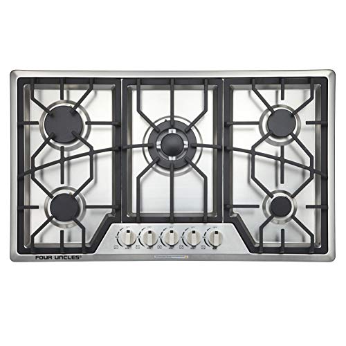 34” Gas Cooktop 5 Burners Gas Stove Stainless Steel Built-in/Counter Top LPG/NG Thermocouple Protection and Easy to Clean in Silver