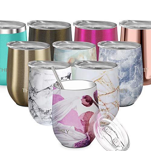 Stainless Steel Insulated Wine Tumbler - THILY Stemless Wine Glass with Lid and Straw, Splash-proof, Cute Travel Cup for Coffee, Cocktails, Gift for Women, Mother, Wife, Girls, Lotus Flower