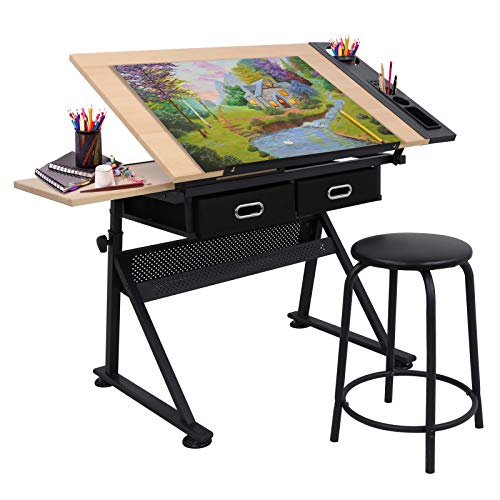 Adjustable Height Drafting Desk Drawing Table Tiltable Tabletop for Reading, Writing Art Craft w/Stool and Drawers