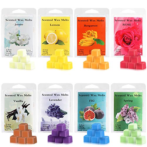 Perkisboby Scented Wax Melts, Soy Wax Cubes with Natural Essential Oil for Assorted Wax Warmer Cubes/Tarts - Rose, Fig, Lavender, Vanilla, Jasmine, Lemon, Bergamot, Spring (8 x 2.5 oz)
