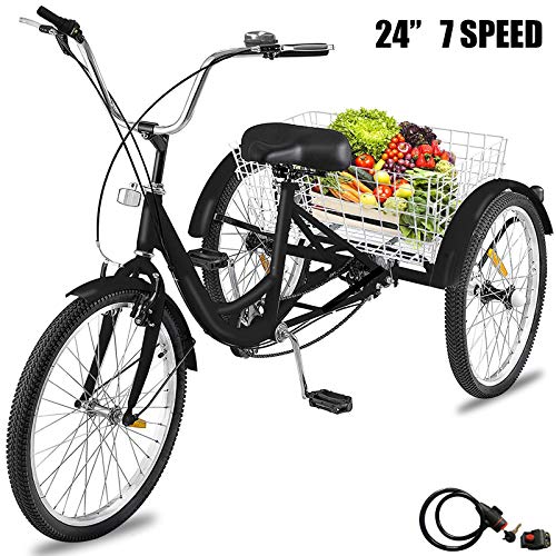 Happybuy Adult Tricycle 7 Speed Three Wheel Bike Cruise Bike 24inch Adjustable Trike with Bell Brake System and Basket Large Size for Shopping (24inch Black 7 Speed)