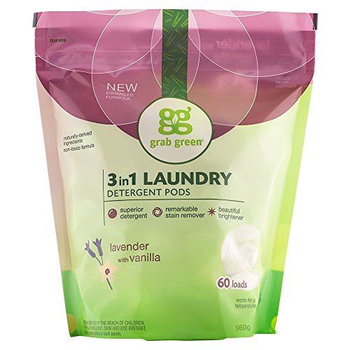 Grab Green Natural 3 in 1 Laundry Detergent Pods, Lavender + Vanilla-With Essential Oils, 60 Loads, Organic Enzyme-Powered, Plant & Mineral-Based, 34 Ounce