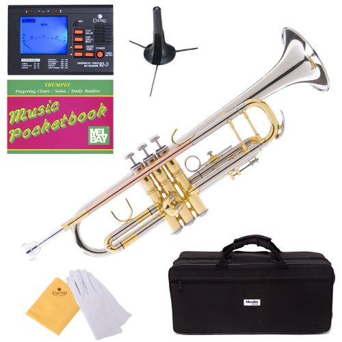 Mendini MTT-30CN Nickel Plated Intermediate Double-Braced Bb Trumpet with Hard Case, Gloves, 7C Mouthpiece, and Valve Oil