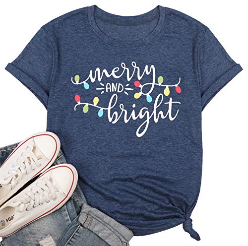 DUTUT Merry and Bright Christmas Lights T-Shirts Womens Letter Print Short Sleeve O-Neck Holiday Tops Tees (L, Dark Blue)