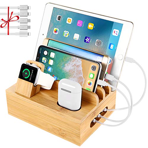 Bamboo Charging Station Dock for 4/5 / 6 Ports USB Charger,Desktop Docking Station Organizer for Cellphone,Smart Watch,Tablet(5 Charging Cables Included,No Power Supply)