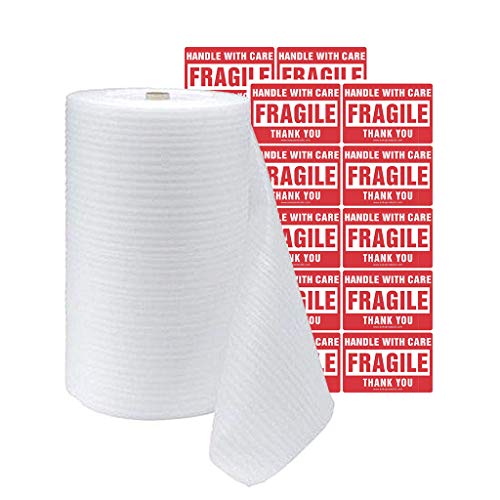 enKo Foam Wrap Roll (1-Roll) 12' Wide x 600' Length (Inch) Foam Wrap Roll Cushioning Moving Supplies Protect Glasses, China, Dishes for Shipping Storing Packing with 20 Fragile Stickers Labels