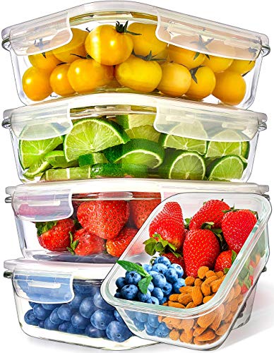 Prep Naturals Glass Meal Prep Containers (5 Pack, 36 Ounce) - Glass Food Storage Containers with Lids - Food Containers Food Prep Containers Glass Storage Containers with Lids Glass Lunch Containers