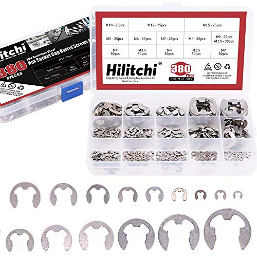 Hilitchi 380-Pcs [14-Size] E-Clip Circlip External Retaining Ring Assortment Set - 304 Stainless Steel