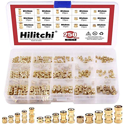 Hilitchi 250-Pcs M2 / M3 /M4 Female Thread Brass Knurled Threaded Insert Embedment Nuts Assortment Kit